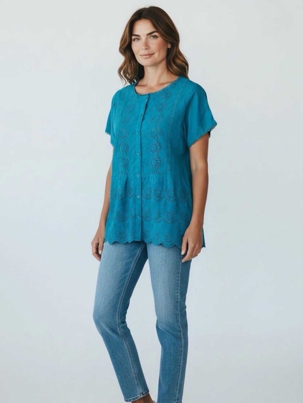 Sundance Women’s Size Large Short Sleeve Eyelet Teal Blue Button Up Blouse